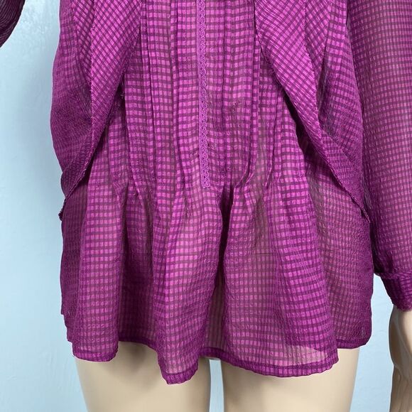 HD In Paris Anthropologie Thistleberry Ruffle Semi-Sheer Blouse in Magenta sz 2 - Picture 4 of 13